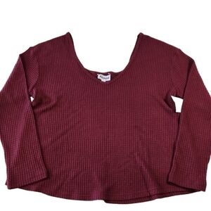 Abound Nordstrom V-Neck Cropped Fuzzy Knit Pullover Sweater Maroon Womens Size L